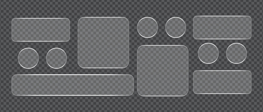 Set of Transparent Glass Banners, Circles, and Rectangles on a Checkerboard Background