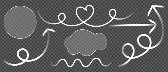 White Arrows and Shapes Circle, Cloud, Heart, Curly Lines on Transparent Background