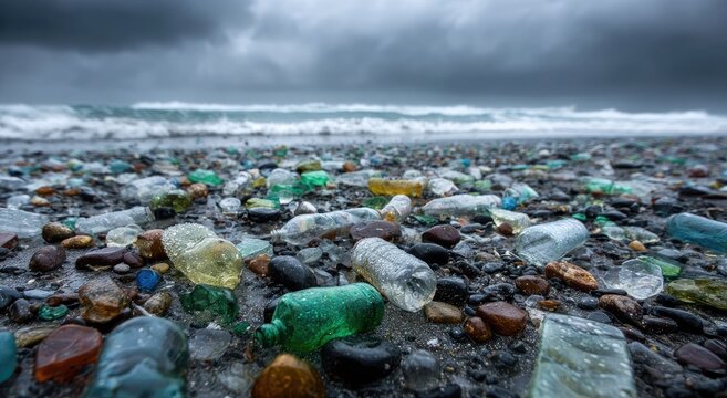Close-up of a polluted beach with colorful plastic bottles, glass, and debris