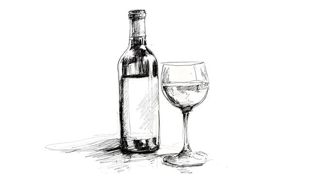 Wine bottle and glass ink sketch drawing