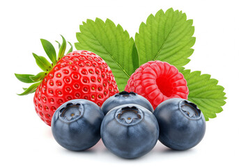 Fresh assortment of berries including strawberries raspberries and blueberries a vibrant and healthy fruit composition isolated on white