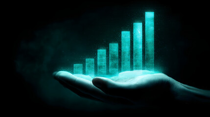 Hand holding rising bar chart hologram showing data growth