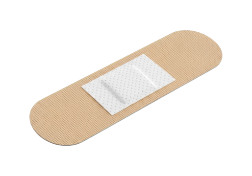 Adhesive bandage featuring a protective absorbent pad lies isolated against a dark background