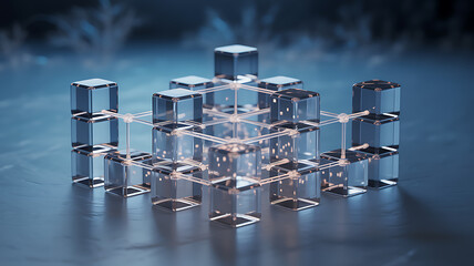Abstract Blockchain Network Concept with Interconnected Transparent Glass Cubes and Glowing Links Representing Secure Decentralized Data and Digital Technology Structure