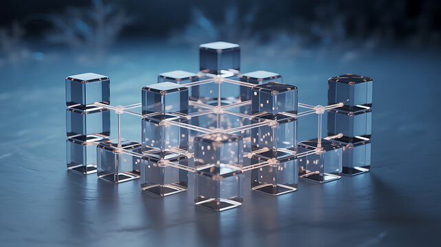 Abstract Blockchain Network Concept with Interconnected Transparent Glass Cubes and Glowing Links Representing Secure Decentralized Data and Digital Technology Structure
