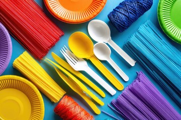 Naklejka premium Overhead view of colorful plastic plates, utensils, straws, and spools on blue background