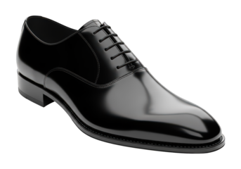 Highly polished black leather dress shoe isolated against a dark background