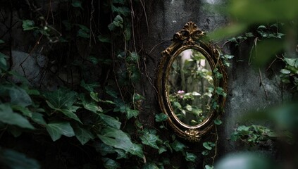 Antique mirror nestled in overgrown wall