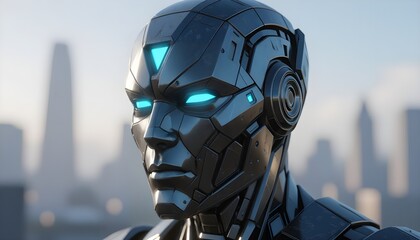futuristic robot features a shiny metallic surface and glowing blue accents. With an expressive design, it embodies advanced technology and intelligence, set against a city skyline backdrop.