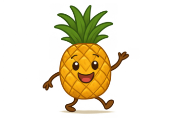 Happy cartoon pineapple character smiling and waving hand, walking cheerfully, summer fruit mascot with transparent background