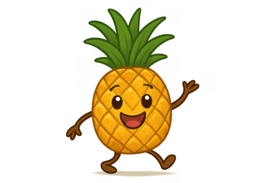 Happy cartoon pineapple character smiling and waving hand, walking cheerfully, summer fruit mascot with transparent background - Powered by Adobe