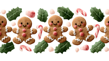 Cute seamless border made of tiny gingerbread cookies, peppermint candies, and holly leaves alternating in a playful repeating pattern, cheerful holiday style isolated on white background 