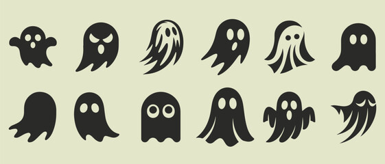 Obraz premium Collection of diverse black cartoon ghost silhouettes with expressive eyes and flowing forms on a pale background