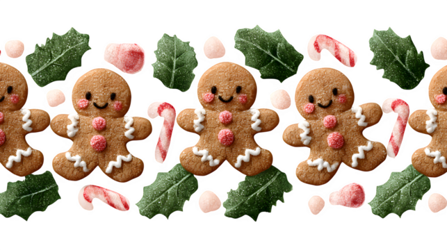 Cute seamless border made of tiny gingerbread cookies, peppermint candies, and holly leaves alternating in a playful repeating pattern, cheerful holiday style isolated on white background 