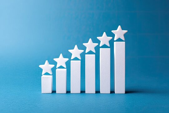 White 5-star rating bar graph ascending on a blue background - Powered by Adobe