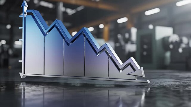 3D Business Graph Illustrating Economic Downturn and Production Decline in a Modern Industrial Factory Setting Showing Market Loss and Financial Crisis