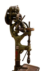 A cutout of an antique green vertical pillar drilling machine (drill press) with a belt-driven motor and exposed gears, isolated on a clean white background.