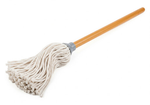 Cotton string mop with wooden handle cleaning equipment for household chores isolated on white background