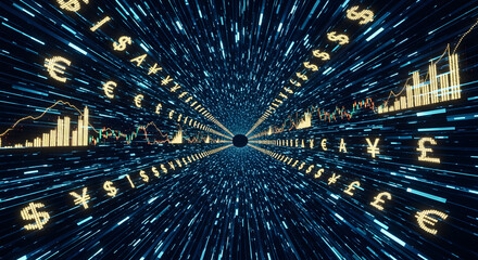 Abstract data tunnel with stock market charts and currency symbols on digital binary code light streaks background