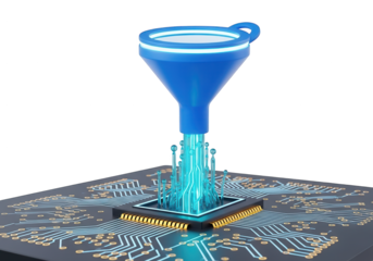 Digital information flows through a glowing funnel into a central processing unit on a circuit board