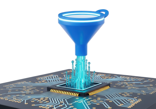 Digital information flows through a glowing funnel into a central processing unit on a circuit board - Powered by Adobe