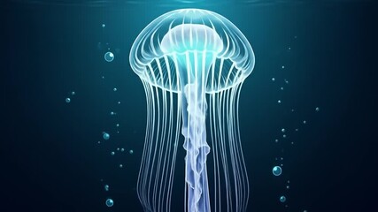 A majestic and bioluminescent jellyfish gracefully floats in the deep blue ocean, its translucent body glowing with an ethereal light - Powered by Adobe