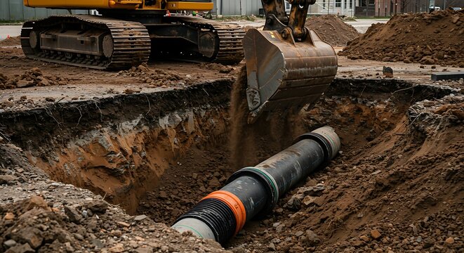 Heavy machinery excavates around large pipe in road construction site. Dirt piles