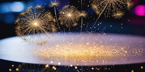 Golden fireworks illuminate the dark night sky in a celebratory display with brilliant light