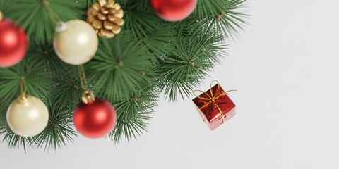 Holiday ornaments and red gift with gold ribbon are displayed with evergreen branches