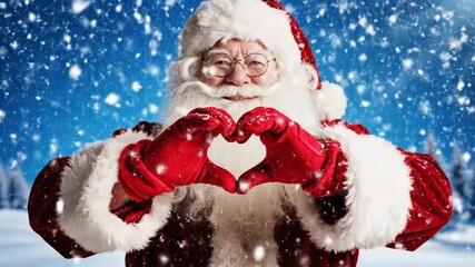 Santa Claus Making Heart Shape With Hands In Snowy Winter Landscape.