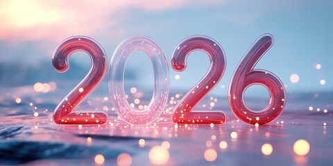 Translucent red year 2026 numbers reflect blurred lights on a reflective surface
