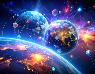 Vibrant celestial spheres connected by lines against a cosmic backdrop