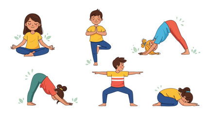 Cheerful children practicing various yoga poses, promoting healthy habits and mindful movement for well-being and growth