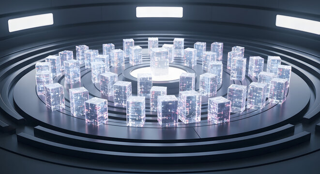 Advanced data storage system featuring transparent cubes with glowing digital patterns in center of circular platform futuristic concept