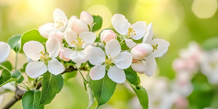 Close up of delicate white apple blossoms with pink buds on a branch in spring