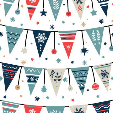 Christmas seamless pattern. Christmas decorative flags on white background. Design for textiles, gift wrapping paper, wallpaper. Vector illustration