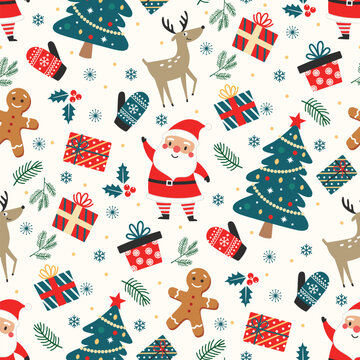 Christmas seamless pattern. Christmas elements with Santa, reindeer, gift boxes, christmas tree, gingerbrea on white background. Design for textiles, wrapping paper, wallpaper. Vector illustration