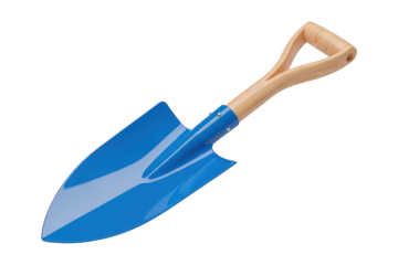 Small garden hand trowel features a bright blue metal blade and a light wooden handle against a dark background