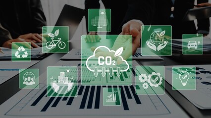 A conceptual image showcasing various graphics related to environmental impact, carbon offset, and...