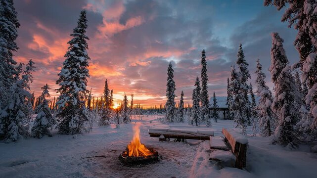 Campfire Glow Amidst Snowy Evergreen Forest During a Vibrant Sunset with Wispy Clouds and a Distant Cabin Silhouette