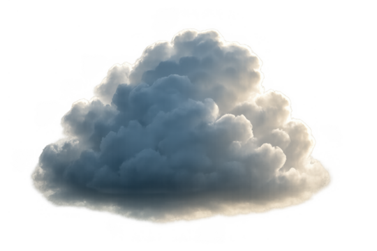 Cumulus cloud showing a detailed texture with light and shadow, indicating changing weather conditions, isolated on a transparent background