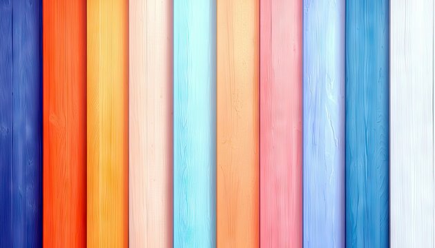 A close-up, top-down view of vertically oriented wooden planks, each painted in a different pastel or vibrant color, creating a striped pattern.
