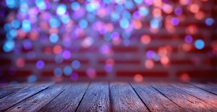 Wooden table top with bokeh lights - Powered by Adobe