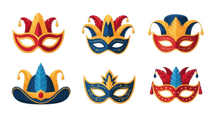 Vibrant Collection of Ornate Carnival and Masquerade Masks Alongside Jester Hats, Perfect for Festive Celebrations and Events