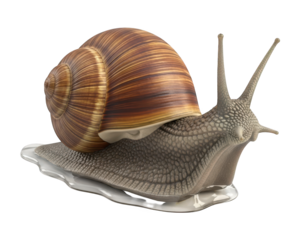 Detailed close up illustration depicts a terrestrial gastropod mollusk with a striped shell moving across a slick secretion.