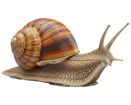 Terrestrial gastropod mollusk displays detailed texture while moving slowly across a dark surface