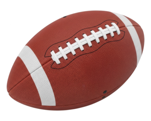 Close up view of a leather inflated game ball with white laces isolated on black background
