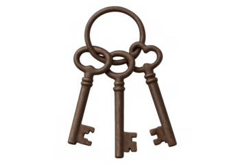 Rusty antique skeleton keys on a keyring unlocking historical access, security, and vintage concepts on transparent background