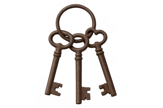 Rusty antique skeleton keys on a keyring unlocking historical access, security, and vintage concepts on transparent background