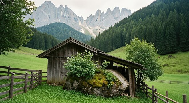 A rustic wooden cabin sits peacefully in a lush green meadow surrounded by a pine forest with a dramatic mountain range towering in the background under an overcast sky - Powered by Adobe